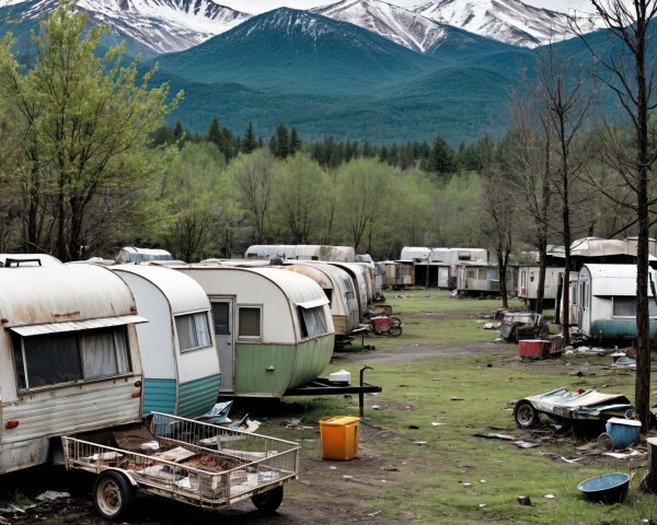 Dilapidated Trailer Park in Mountain Valley Landscape
