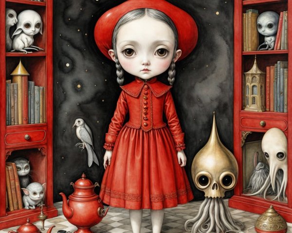Girl in Red Dress in Whimsical Room with Creatures