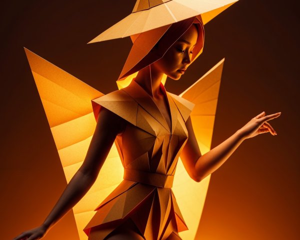 Geometric Paper Figure with Mythical Attire and Wings