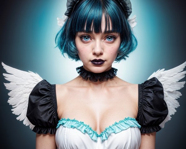 Young woman with blue hair in unique costume and wings