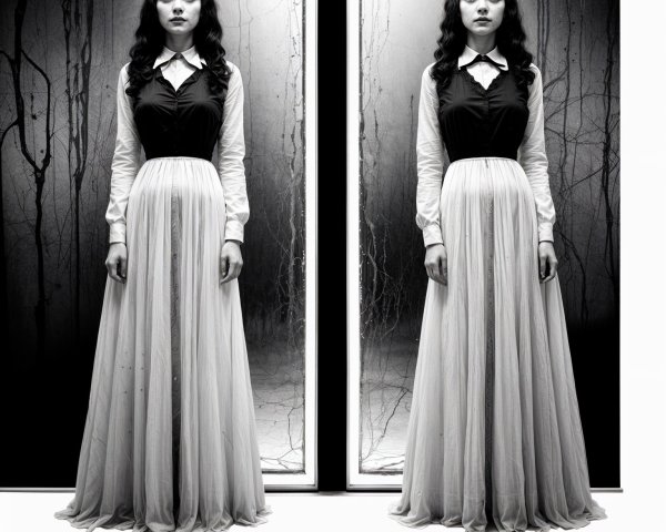 Identical Women in Vintage Formal Attire Against Dark Background