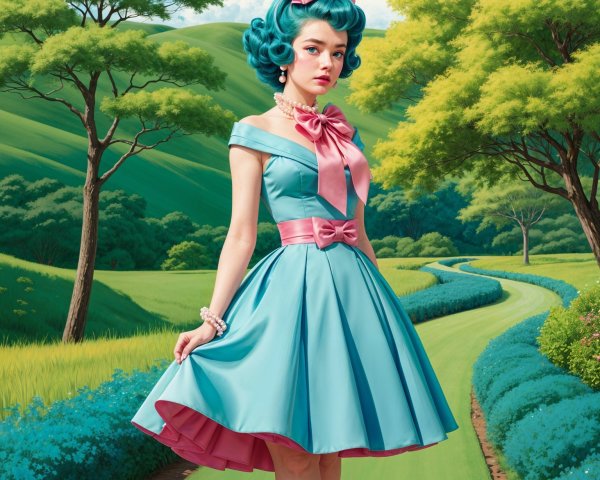 Young Woman in Vintage Sky-Blue Dress in Green Landscape