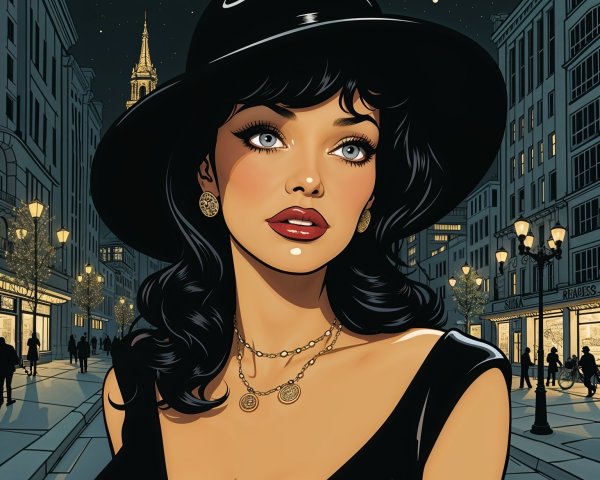 Glamorous Woman in Elegant Outfit on City Street at Night