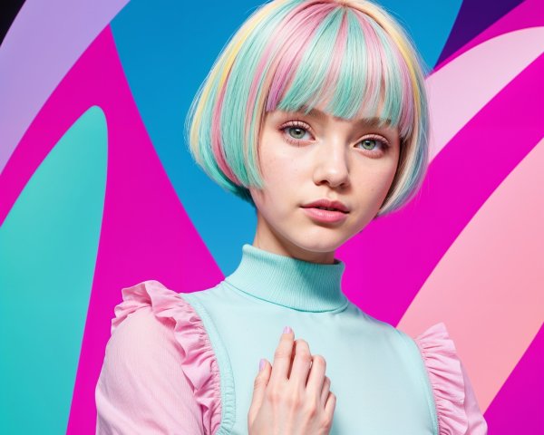 Young woman with pastel bob against abstract background