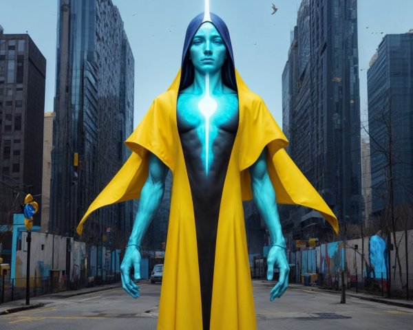 Futuristic Figure in Urban Setting with Bright Light