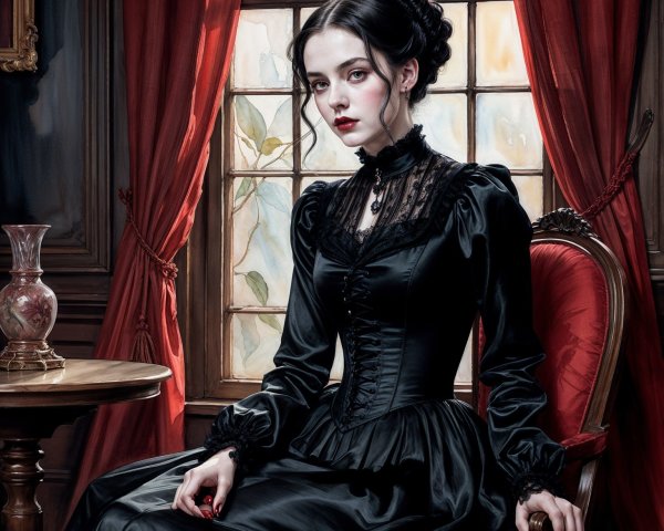 Young Woman in Black Victorian Gown in Elegant Room