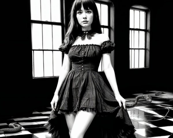 Woman in Vintage Black Dress in Monochrome Room