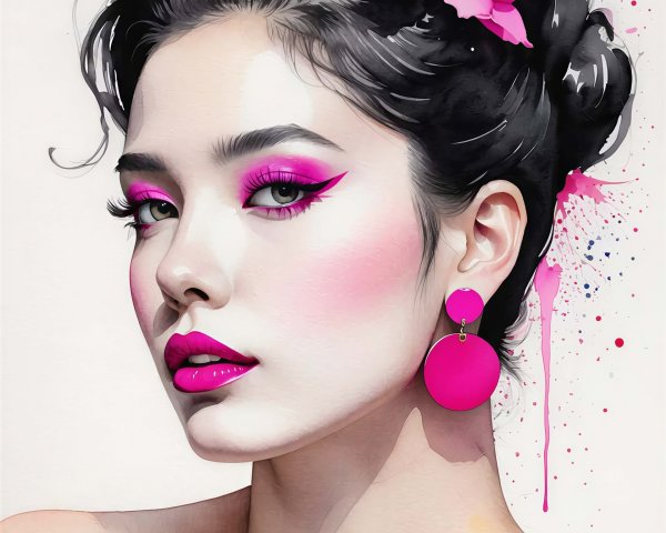 Watercolor Portrait of a Woman with Fuchsia Accents