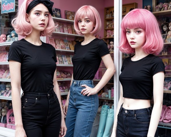 Mannequins with Pink Hairstyles Outside Colorful Shop