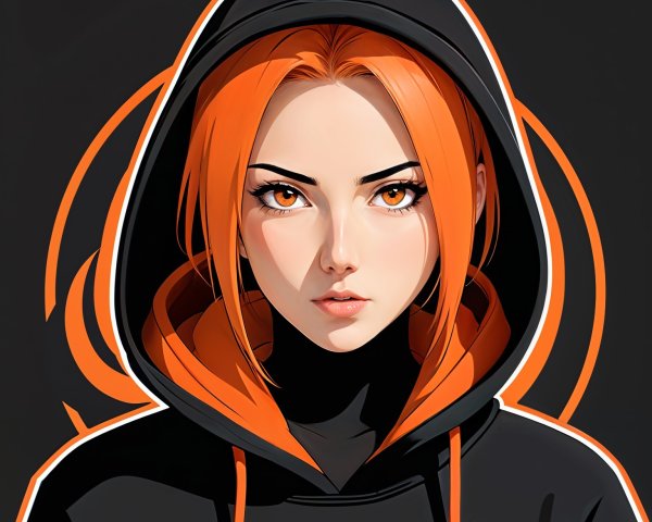 Young woman with orange hair and striking eyes in hoodie