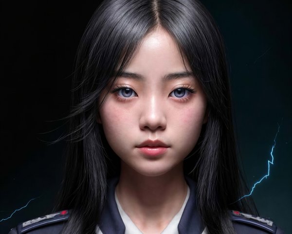 Close-up portrait of a serious East Asian woman