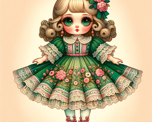 Vintage Doll with Floral Dress and Expressive Eyes
