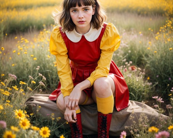 Young Girl in Red Dress Surrounded by Wildflowers