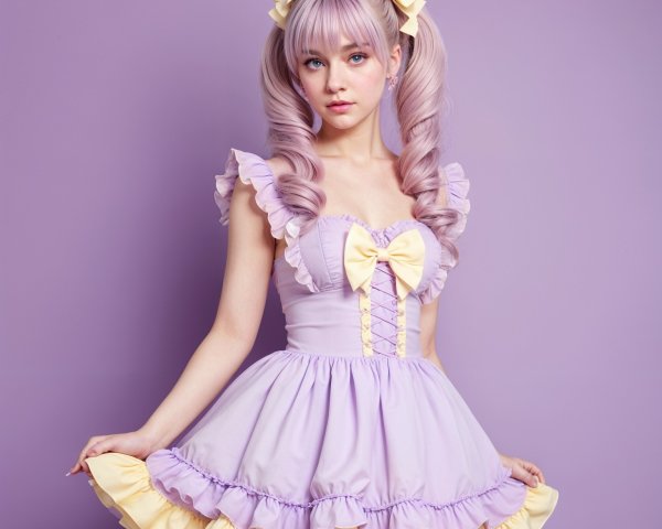 Young Woman in Pastel Dress with Lavender Hair