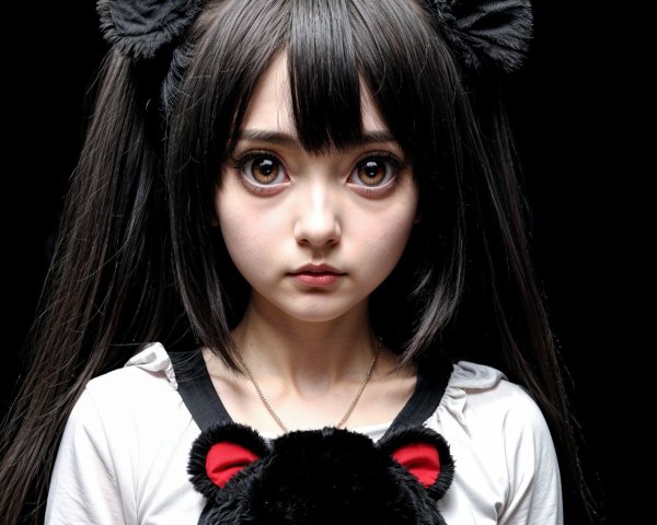 Young girl with pigtails and plush bear on black background