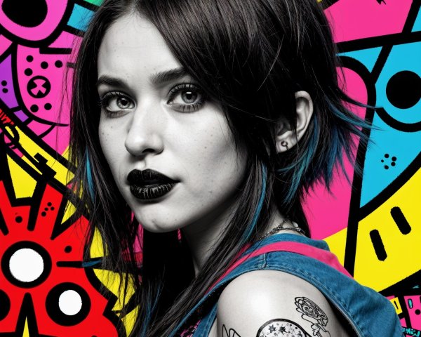 Portrait of a Young Woman with Bold Makeup and Tattoos