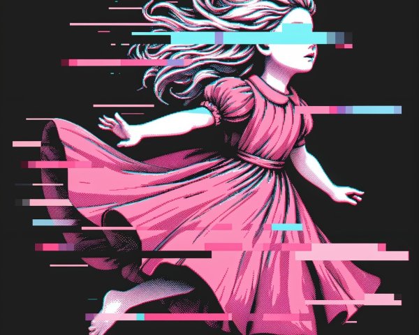 Surreal Scene of Girl in Pink Dress with Glitches