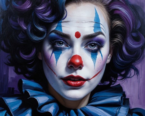 Vivid Clown Portrait with Dramatic Makeup and Colors