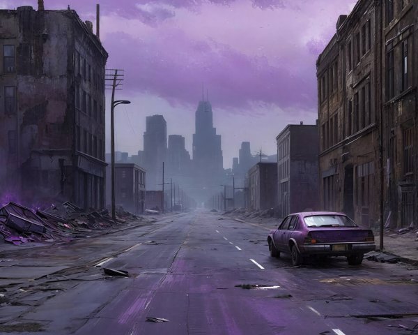 Desolate Street Scene with Abandoned Car and Ruins