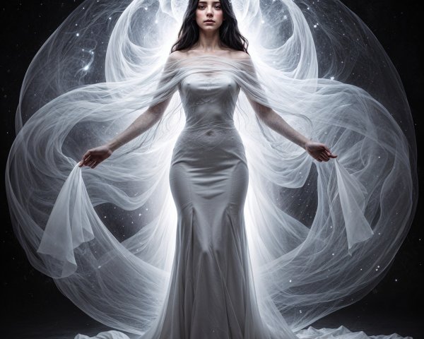 Luminous Figure in White Gown Against Cosmic Backdrop