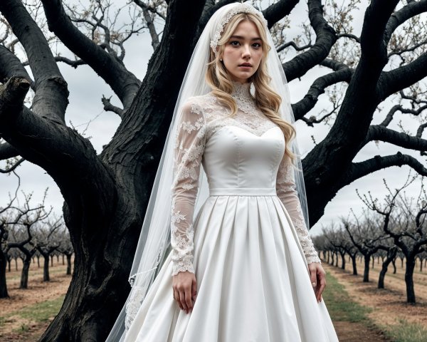 Elegant Bride in White Gown Amidst Leafless Orchard