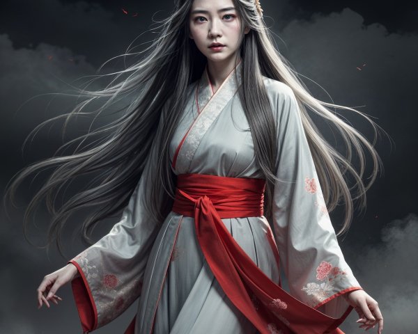 Elegant Figure in Pale Gray Kimono Against Dark Backdrop
