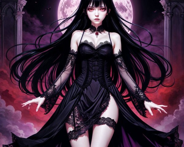 Ethereal Woman in Dark Setting Under Full Moon
