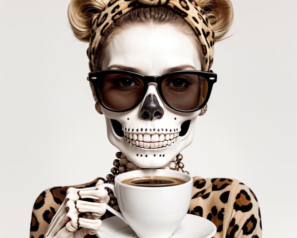 Stylish Skeleton Figure with Coffee and Leopard Print Outfit