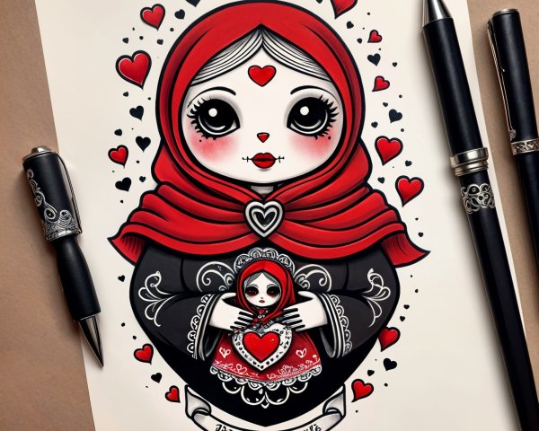 Whimsical Illustration of Doll-Like Figure with Hearts