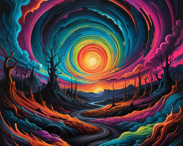 Surreal Landscape with Swirling Colors and Vortex