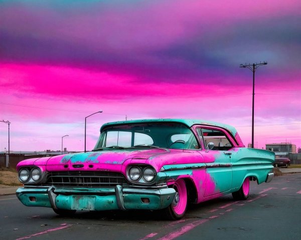 Vibrant Pink and Turquoise Vintage Car on Asphalt Road