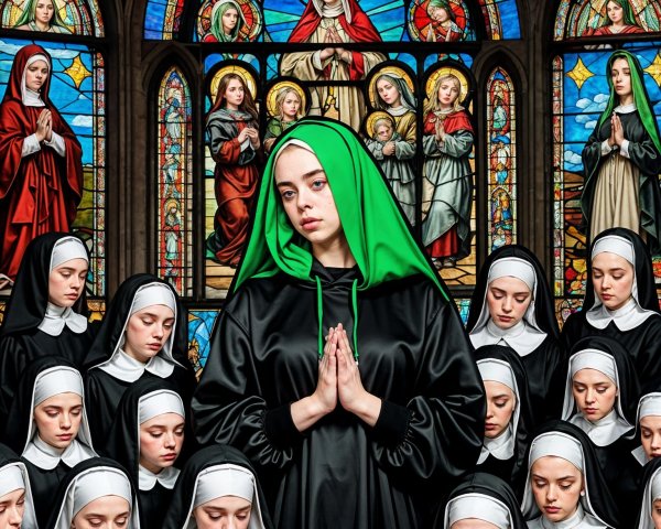 Nuns in Gothic Church with Stained Glass Windows