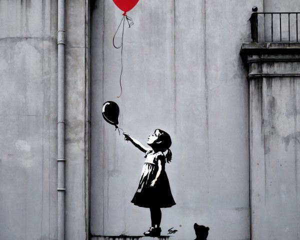 Mural of Girl Reaching for a Red Balloon with Cat