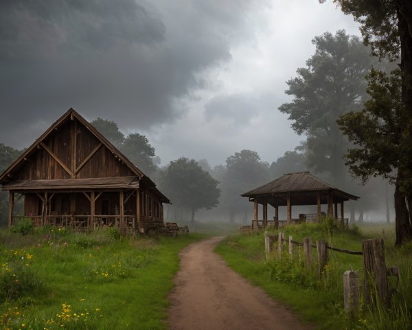 Rustic Wooden House on Misty Path with Gazebo