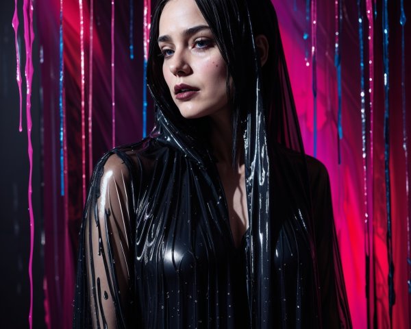 Striking figure in glossy black garment with vibrant backdrop