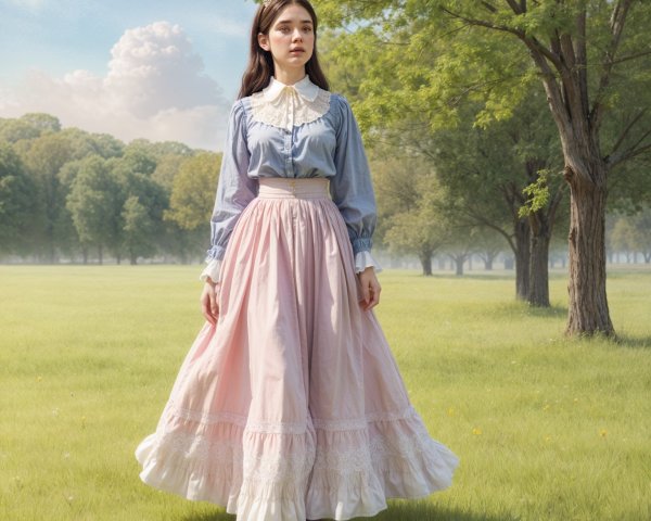 Young Woman in Vintage Outfit in Sunlit Field