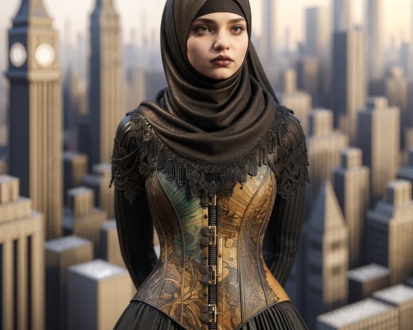 Young Woman in Corset Against City Skyline