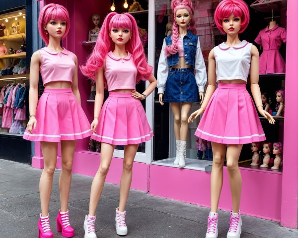 Four Mannequins in Coordinated Pink Outfits and Styles