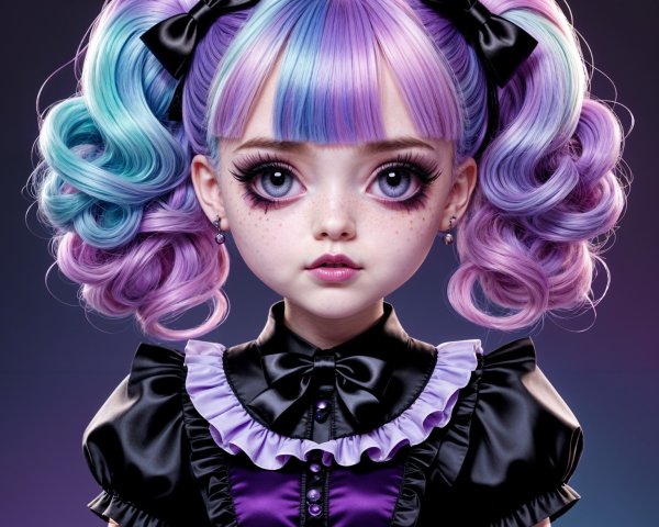 Stylized Doll Figure with Pastel Hair and Gothic Outfit