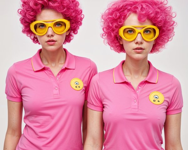 Two women in matching pink outfits with curly hairstyles