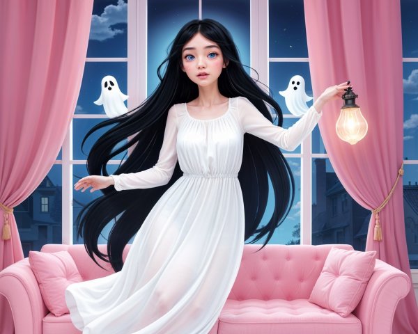 Whimsical Scene of Girl in Pink Room with Lantern