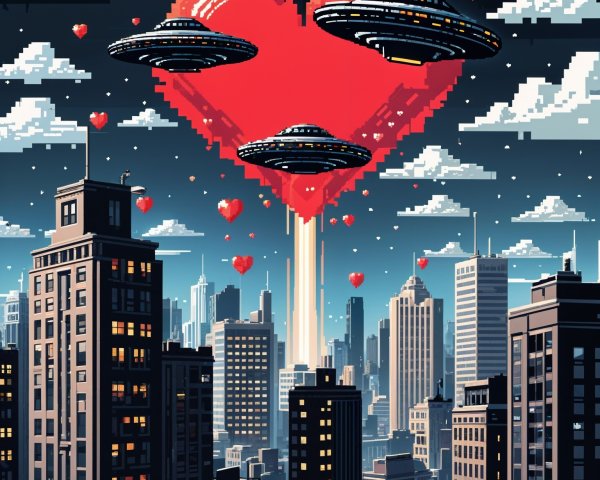 UFOs Over Urban Landscape with Heart and Clouds