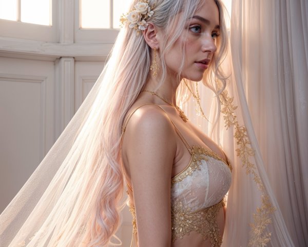 Young woman with platinum hair and floral veil