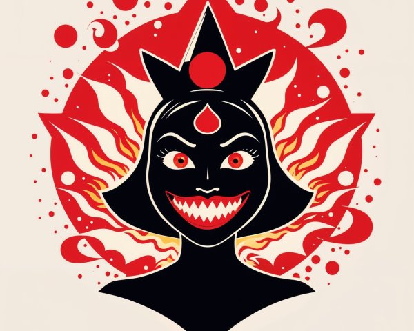 Stylized Female Figure with Crown and Fiery Background