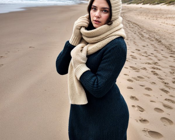 Young Woman on Serene Beach in Cozy Attire