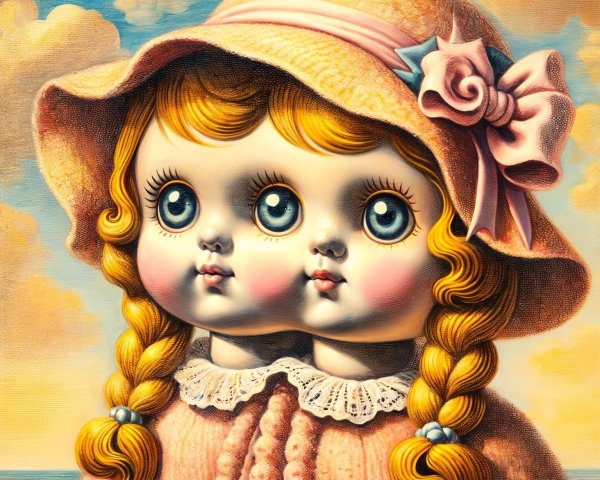 Whimsical Painting of Identical Dolls in Pastel Dresses