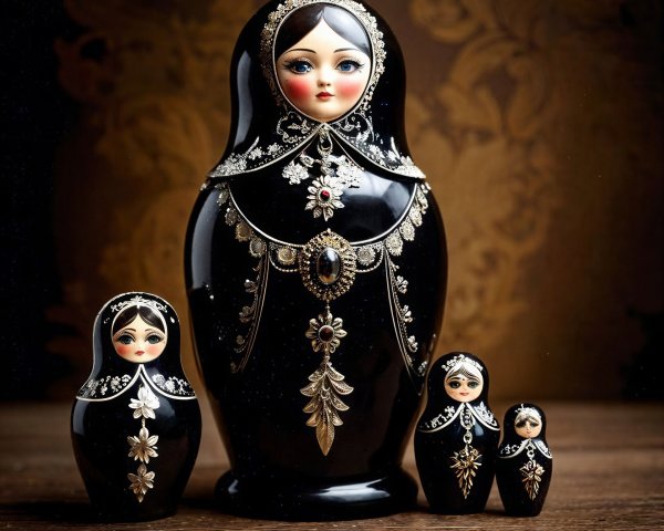 Ornate Black Matryoshka Dolls on Dark Wooden Surface