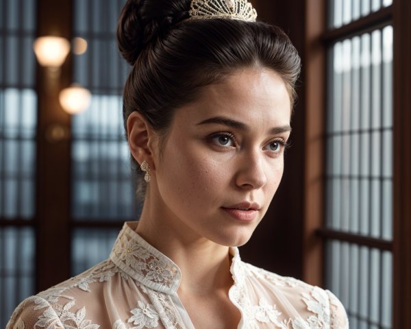 Elegant Young Woman in Lace Blouse and Tiara