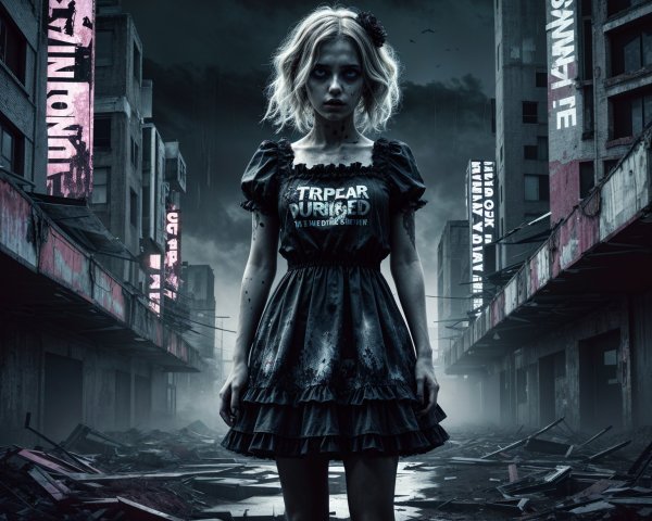 Desolate Urban Landscape with Girl in Black Dress