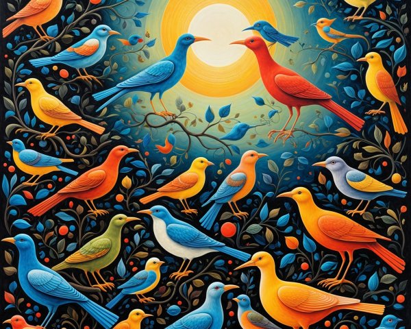 Colorful Birds Among Abstract Foliage and Sunlight